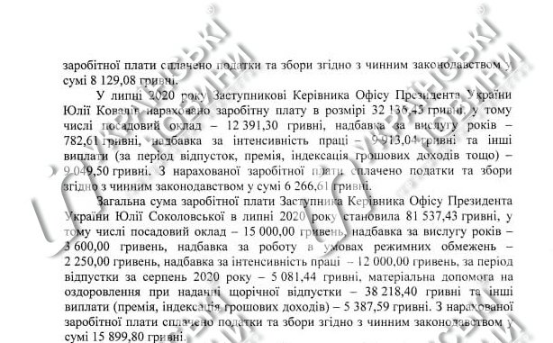 Июльские зарплаты заместителей руководителя Офиса Президента (продолжение). Ответ на запрос Українських Новин