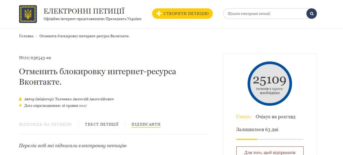 Саму петицию создал Анатолий Ткаченко 16 мая 2017 года. Скриншот petition.president.gov.ua