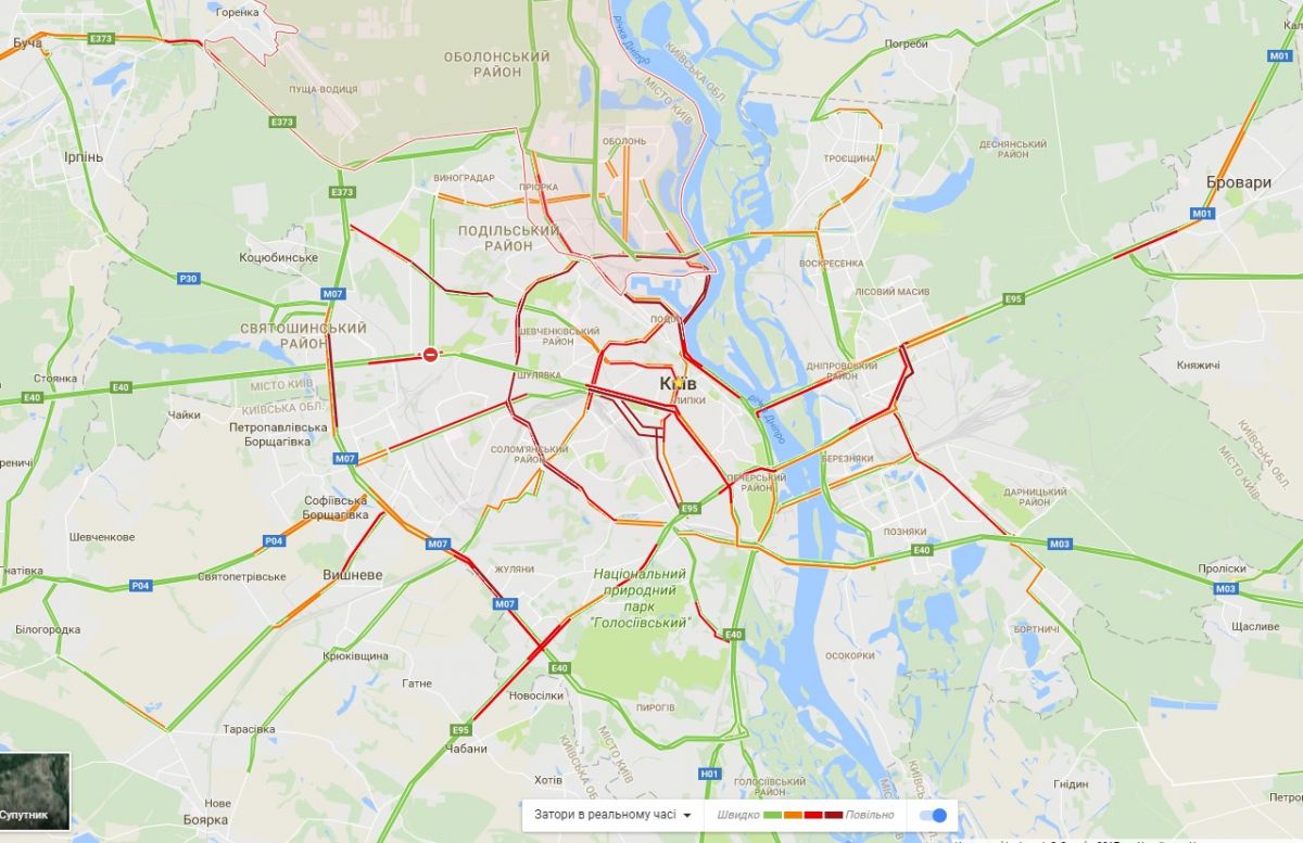 Пробки в Києві. Скріншот: google.com.ua/maps