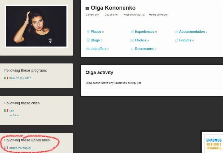 Страничка Ольги Кононенко на Erasmusu.com