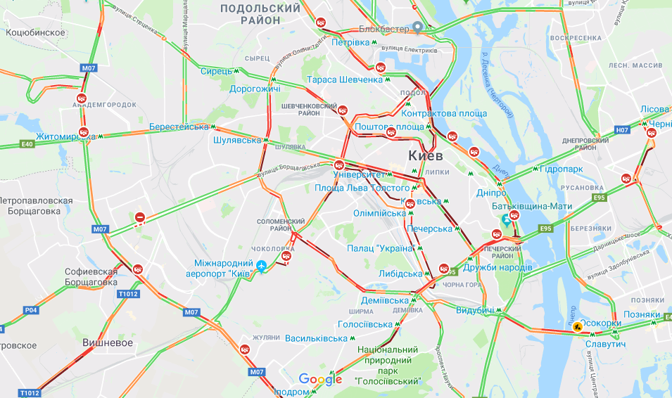 Пробки в Киеве. Скриншот Google Maps