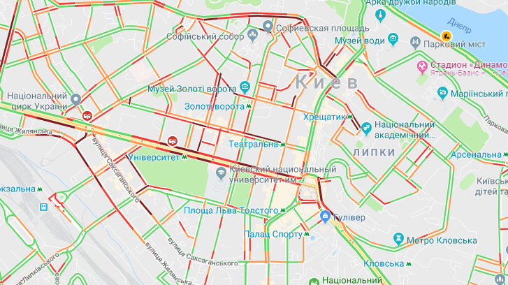 Затори в центрі Києва. Фото: google.com.ua/maps