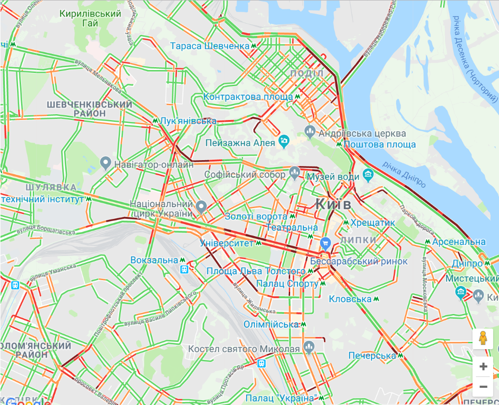 Рух вкрай утруднено в центрі і на основних магістралях. Фото: Google/maps