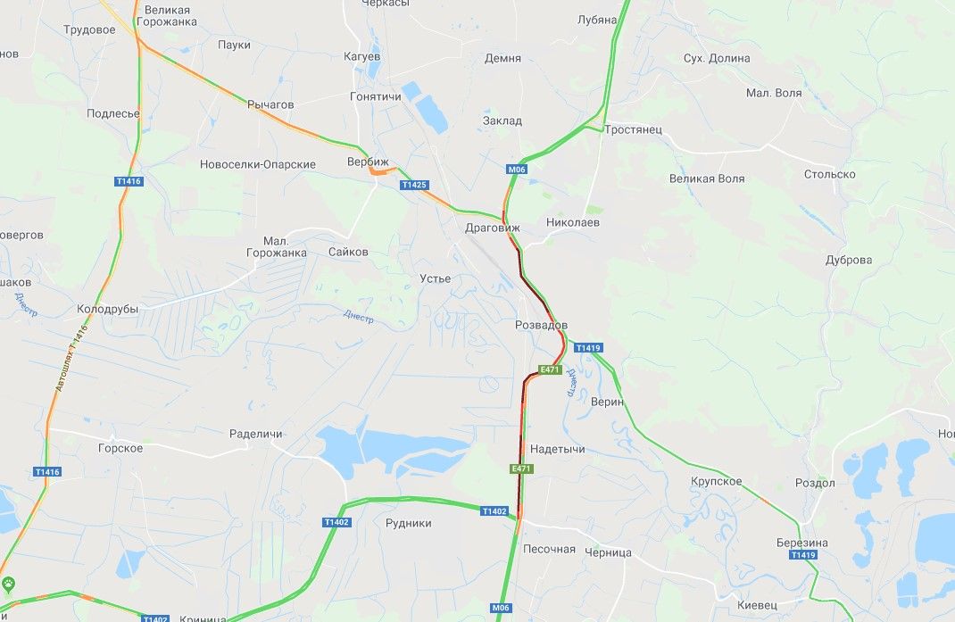 Во Львовской области образовалась огромная пробка. Скриншот: google.com.ua/maps
