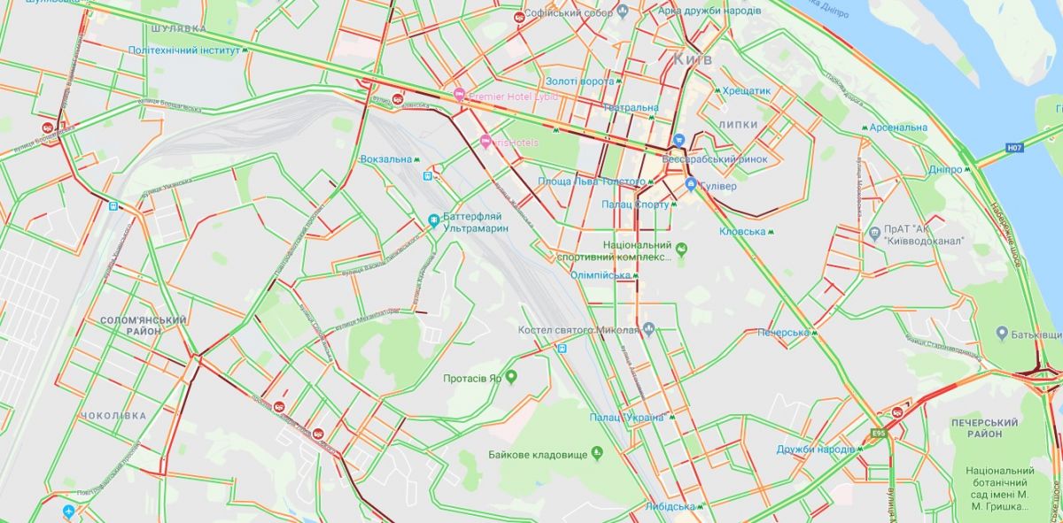 Київ скували пробки. Карта: google.com.ua/maps