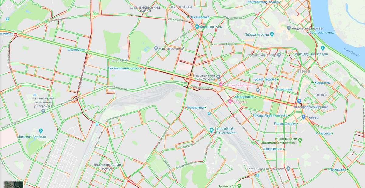 Киев стоит в пробках. Карта: google.com.ua/maps