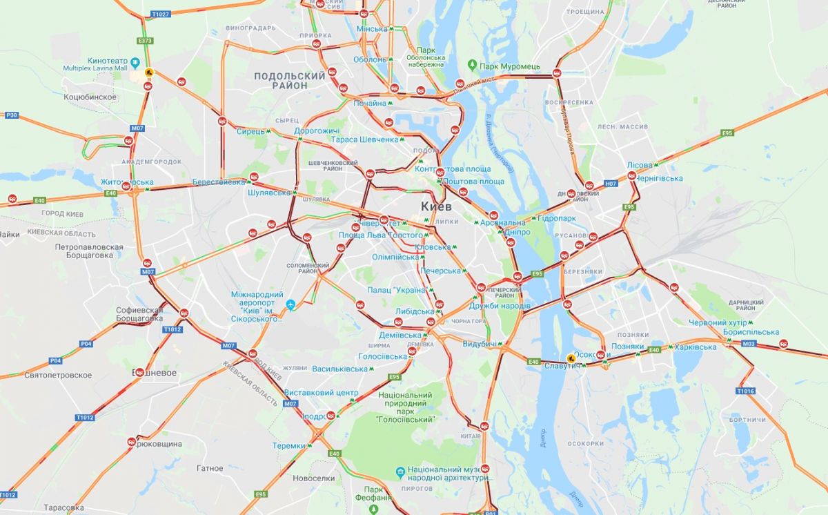 Киев в день первого снега сковали множественные ДТП. Скриншот:Google Maps
