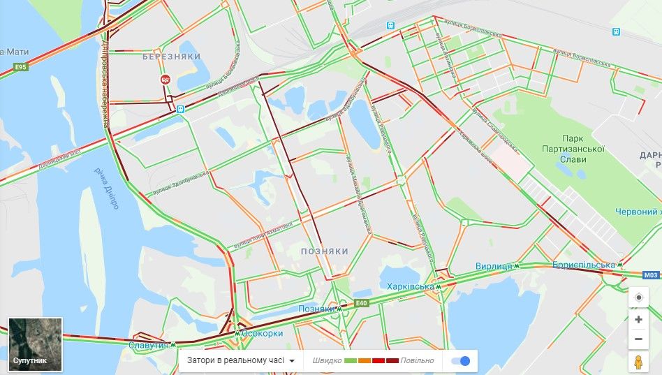 Київ стоїть в заторах. Карта: google.com.ua/maps