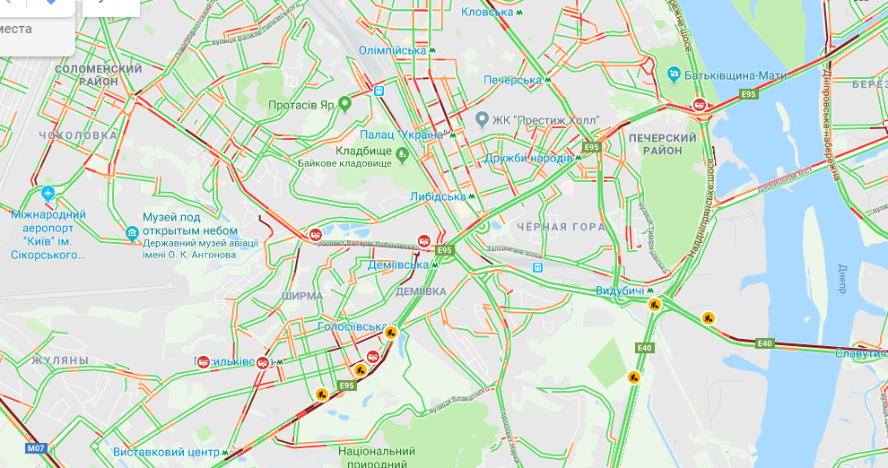 Пробки в Киев. Скриншот Googlemaps.