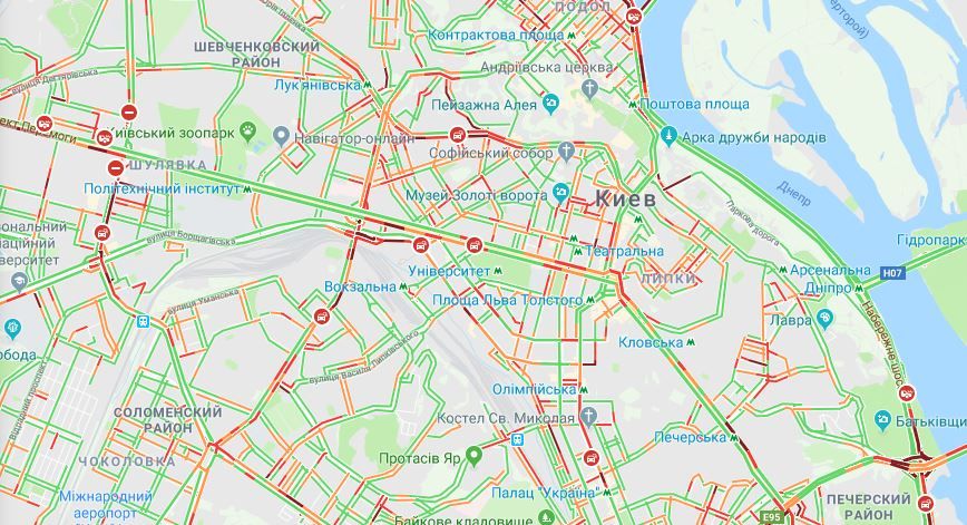 Затори в центрі Києва.Скріншот:Google Maps. 