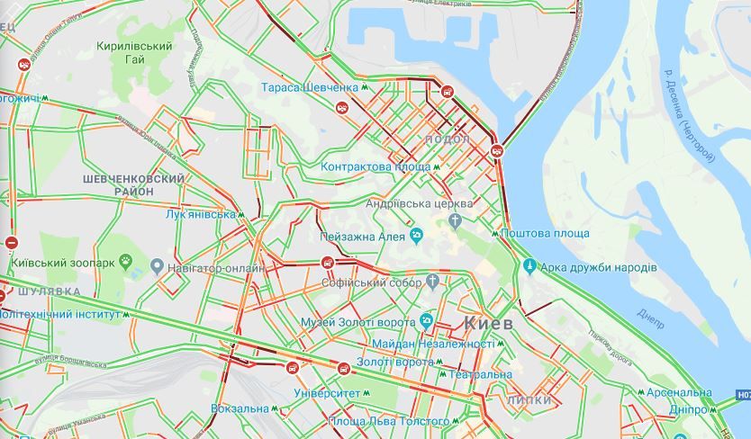 Затори в центрі Києва.Скріншот:Google Maps. 