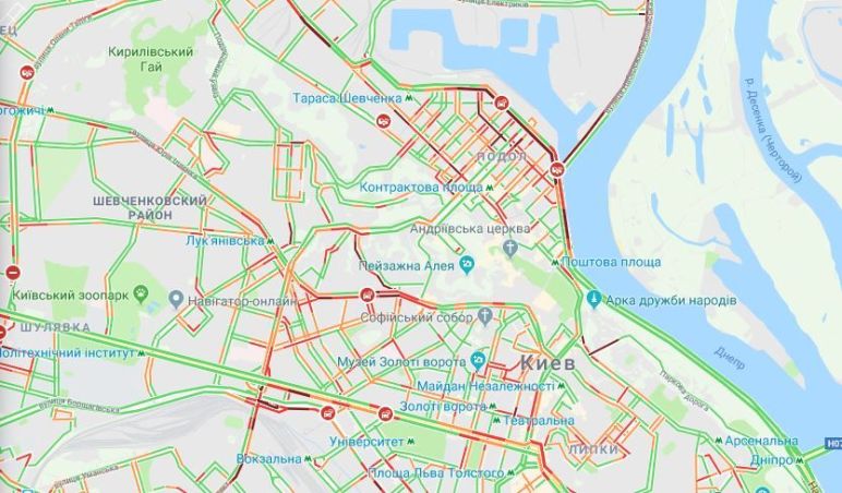 Пробки в центре Киева.
Скриншот:Google Maps. 
