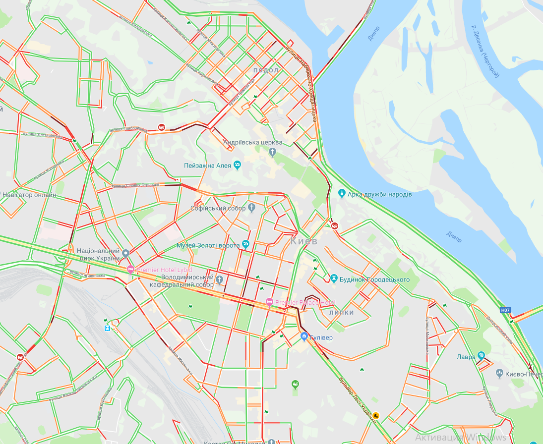 Пробки в центре Киева. Скриншот:Google Maps