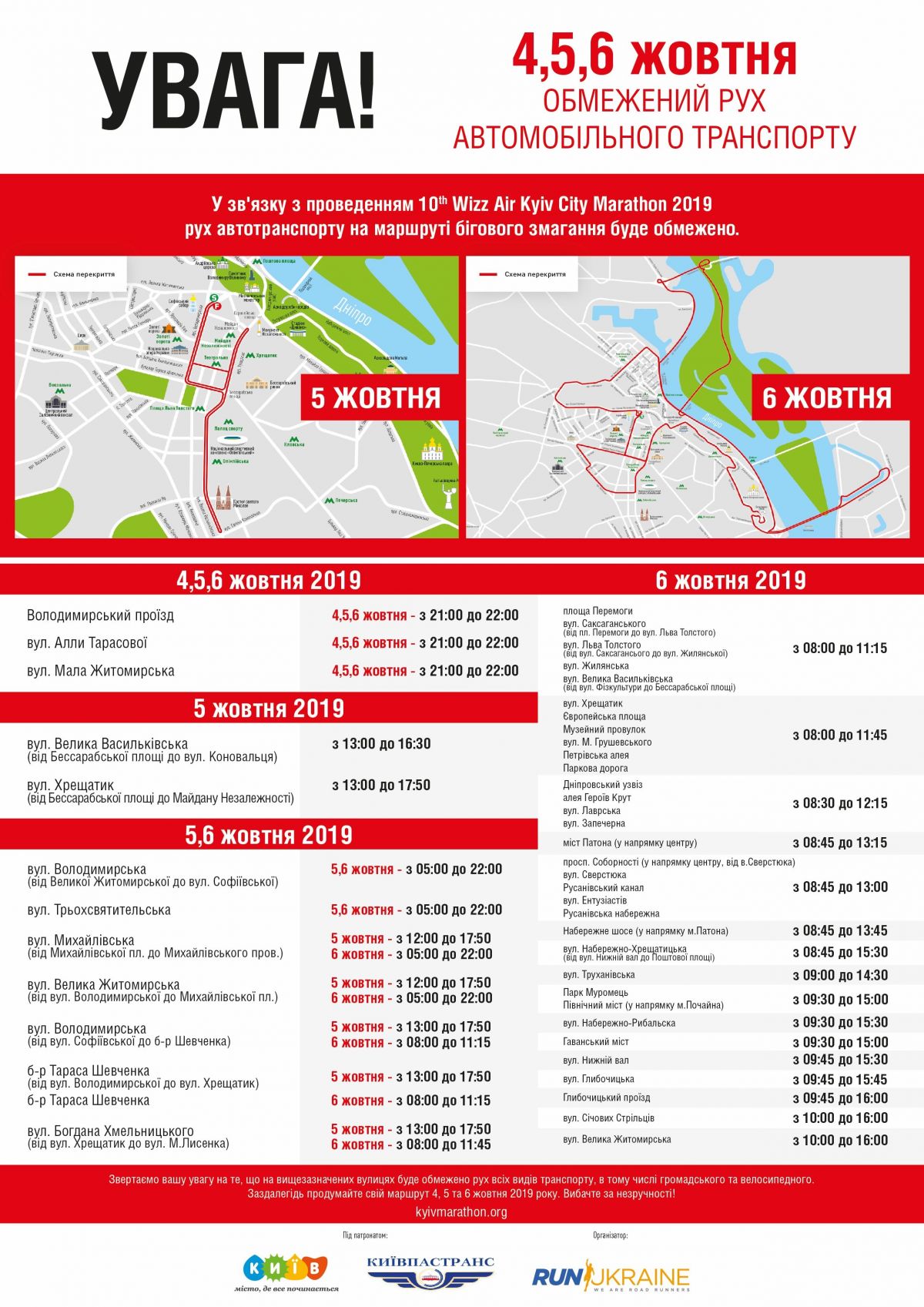 Схема перекрытых улиц. Инфографика: kyivmarathon.org