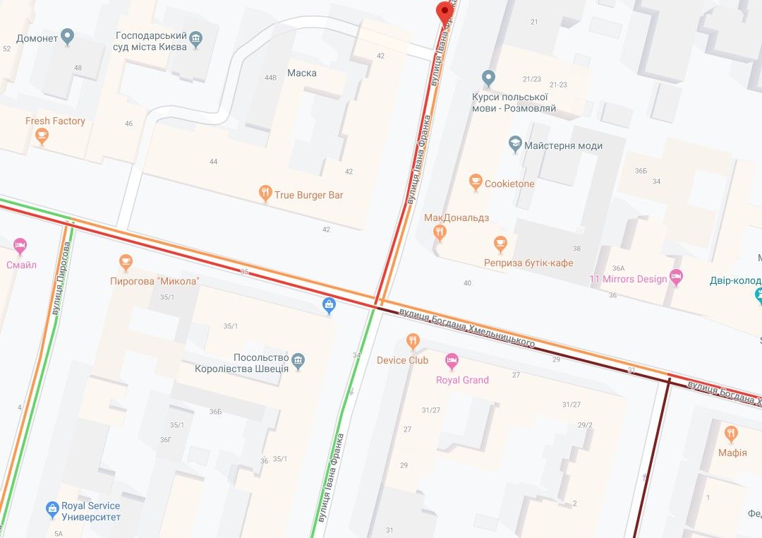 Пробка на улицах Франка и Хмельницкого в Киеве. Карта: google-maps