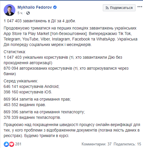 Пост Михаила Федорова на Facebook