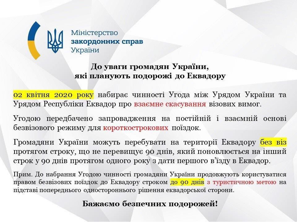 Украина и Эквадор согласовали безвизовый режим