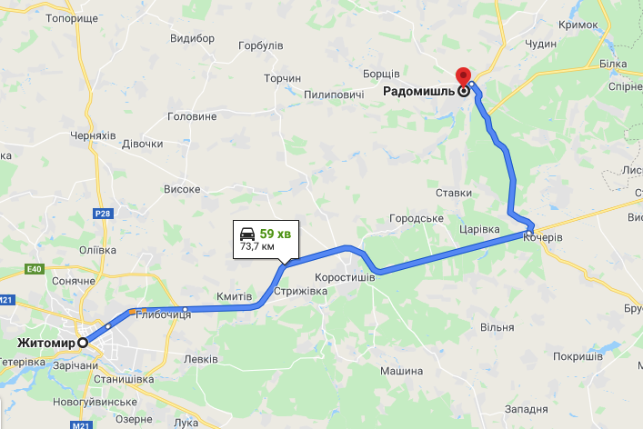 До Радомышля в случае необходимости можно доехать на автомобиле. Фото: Карты Google