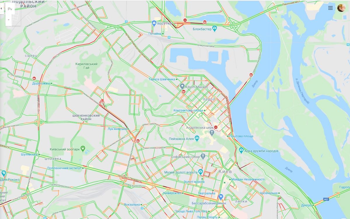 Карта пробок в Киеве. Фото: google.com/maps