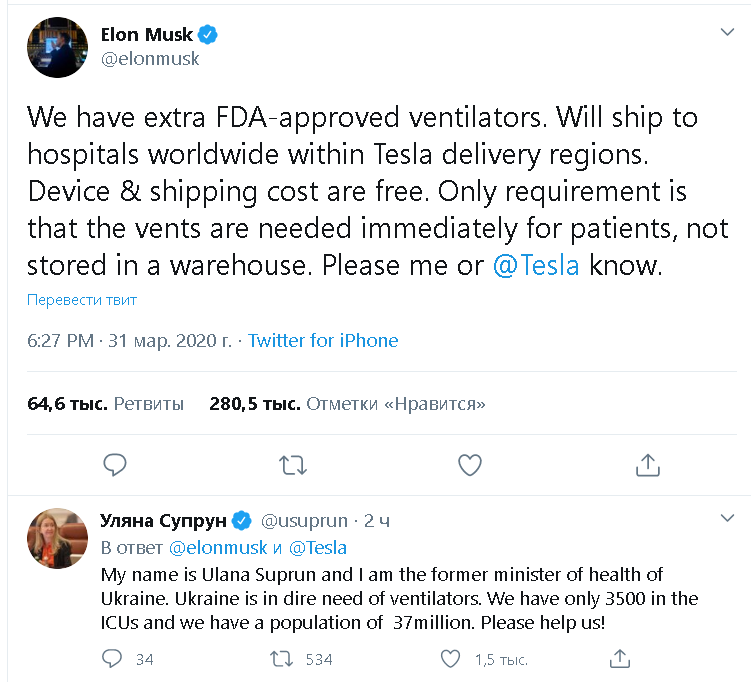 Скриншот твитта https://twitter.com/elonmusk/status/1245009716935188481