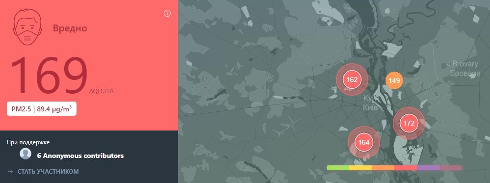 Индекс качества воздуха в Киеве. Скриншот: iqair.com