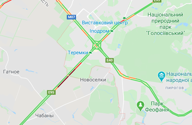 Пробка на въезде в Киев на Академика Глушко. Карта: Google Maps