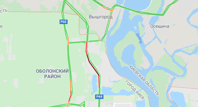 Пробка на въезде в Киев со стороны Вышгорода. Карта: Google Maps