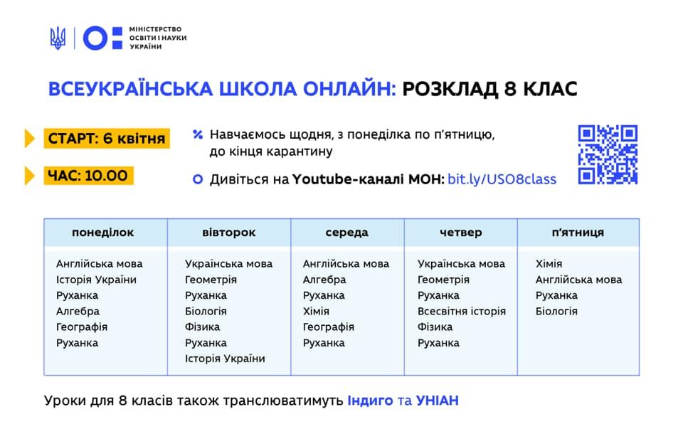 Расписание онлайн-занятий для 8 класса