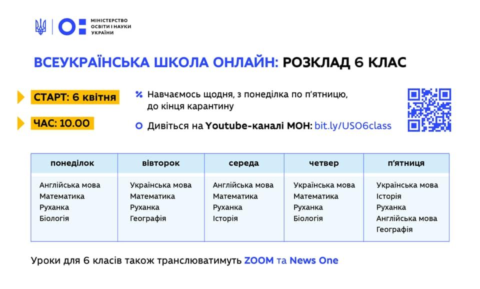 Расписание онлайн-занятий для 6 класса