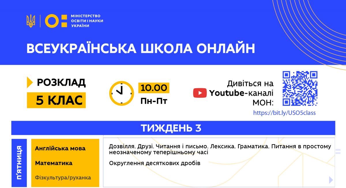 Расписание уроков для 5 класса. Инфографика: Министерство образования и науки Украины