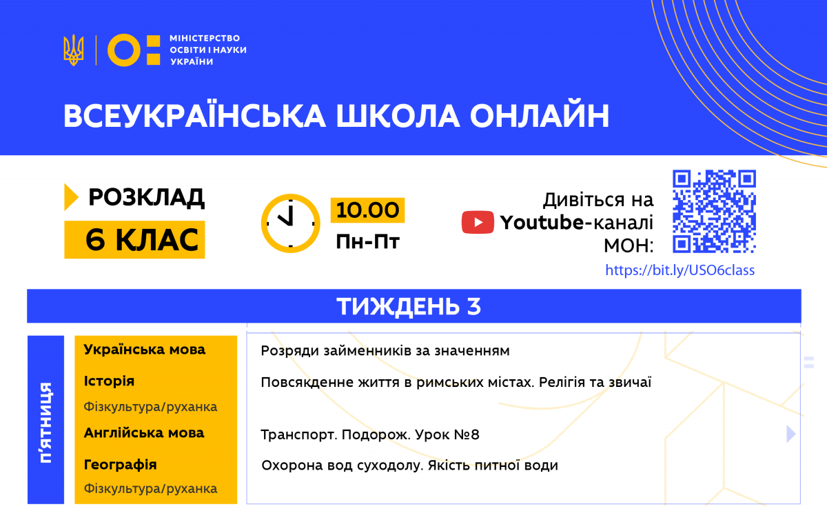 Расписание для 6 класса. Инфографика: Министерство образования и науки Украины