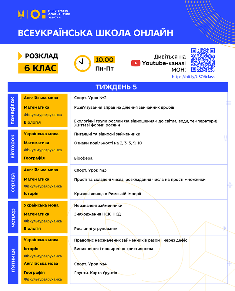 Розклад занять для 6 класу. Інфографіка: МОН