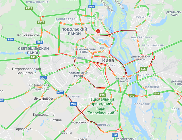 Пробки в Киеве в день ослабления карантина. Карта: Google Maps 