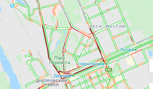 Пробки в центре Киева. Карта: Google Maps