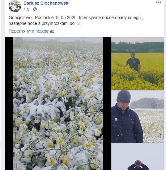 Снег выпал в Польше. Скриншот Facebook Dariusz Ciochanowski