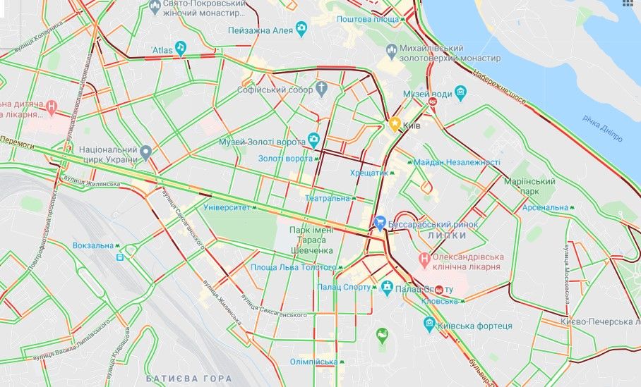 Пробки в Киеве 12 мая. карта: Google-maps