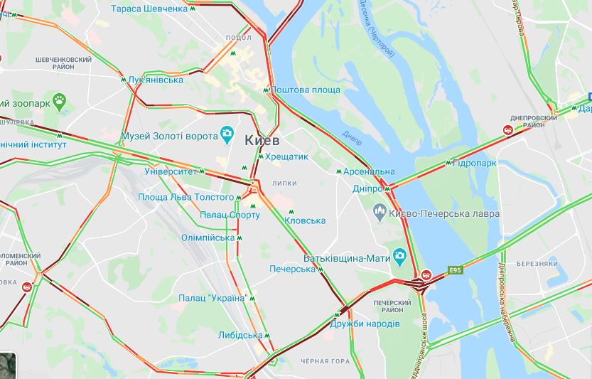 Пробки в Киеве. карта: Google-maps
