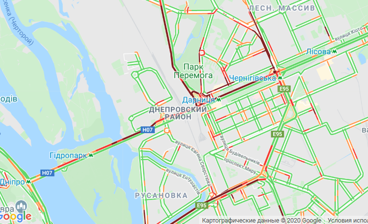 Пробки на Левом берегу Киева. Карта: Google Maps