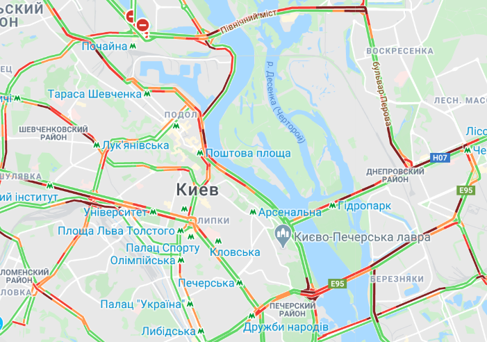 Пробки в центре Киева. Карта: Google Maps