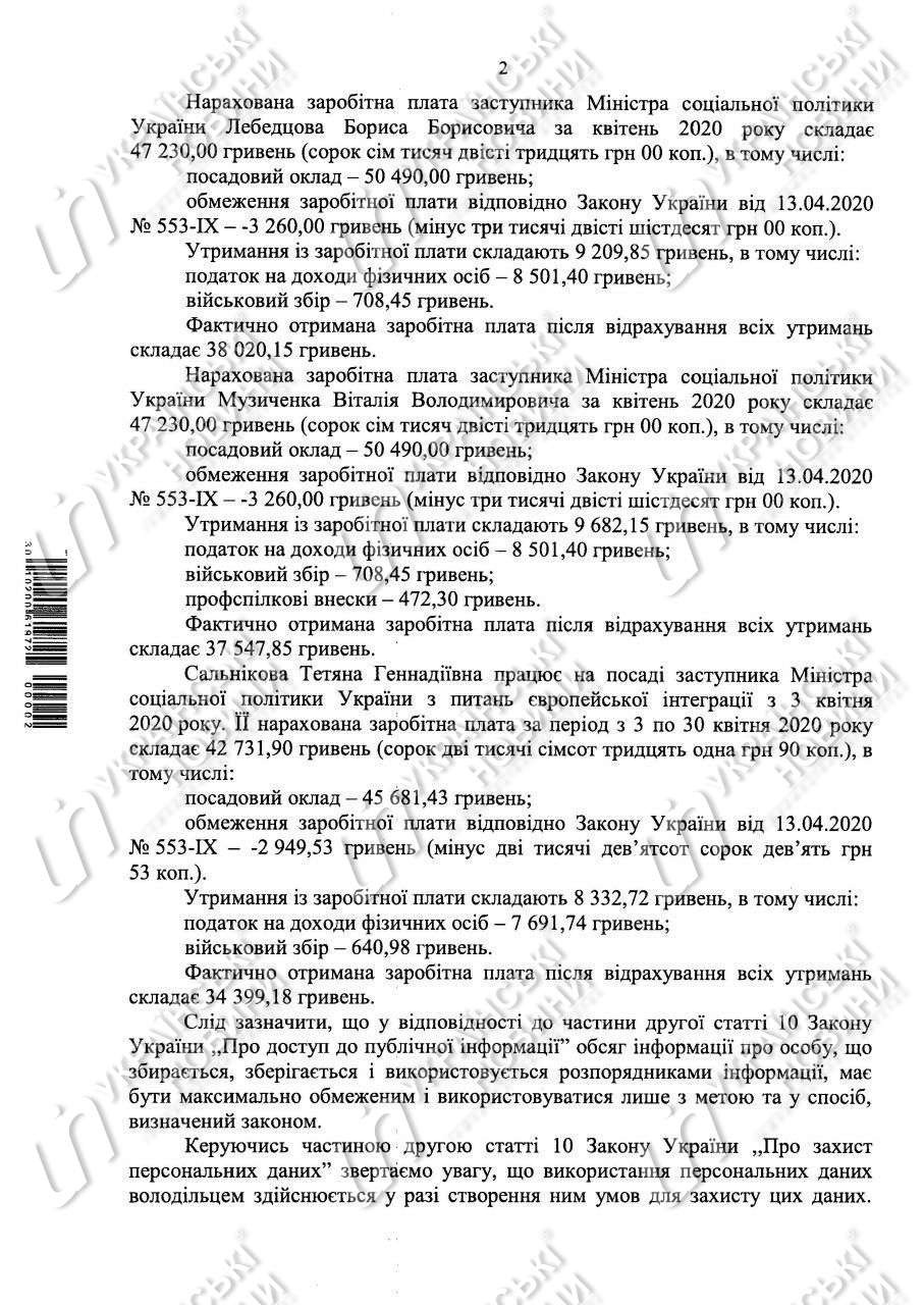 Зарплаты в Министерстве соцполитики Украины за апрель