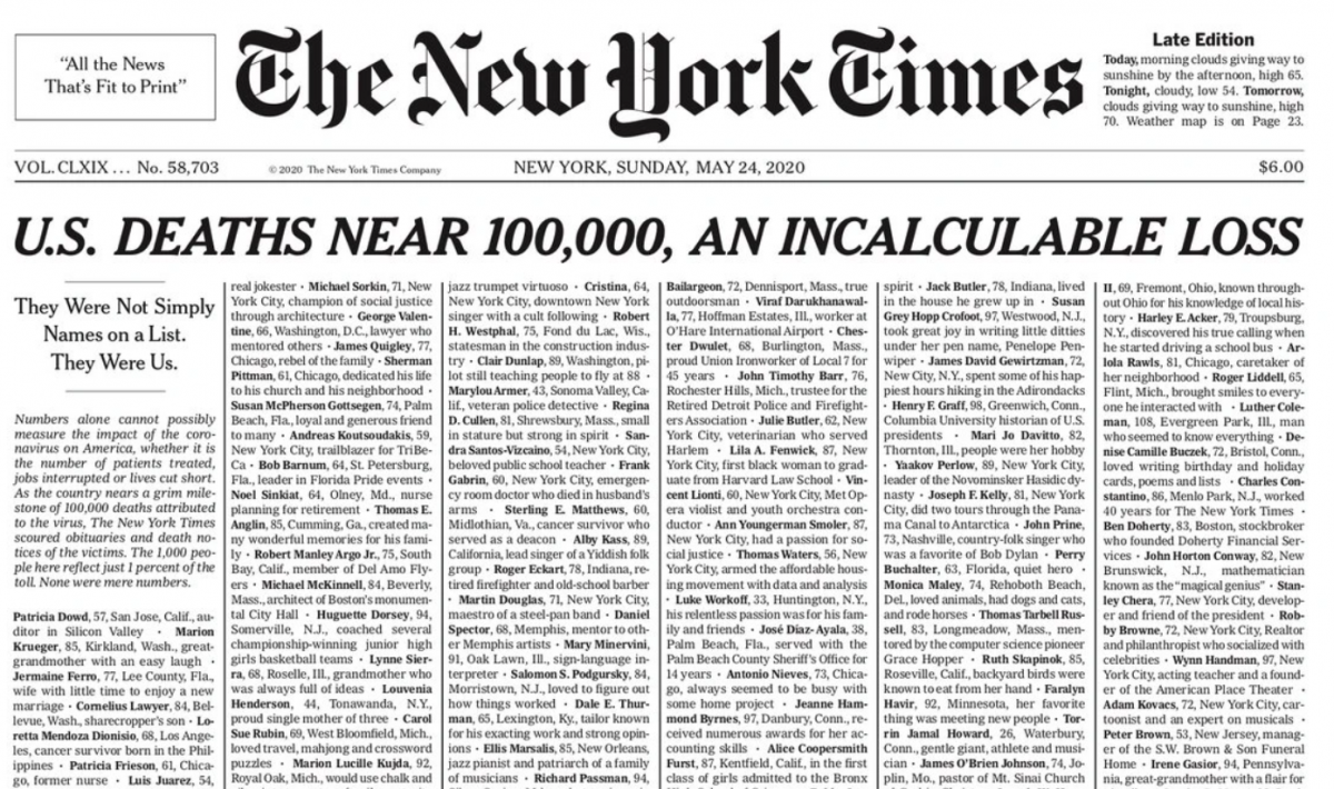 Первая полоса New York Times. Фото: nytimes.com