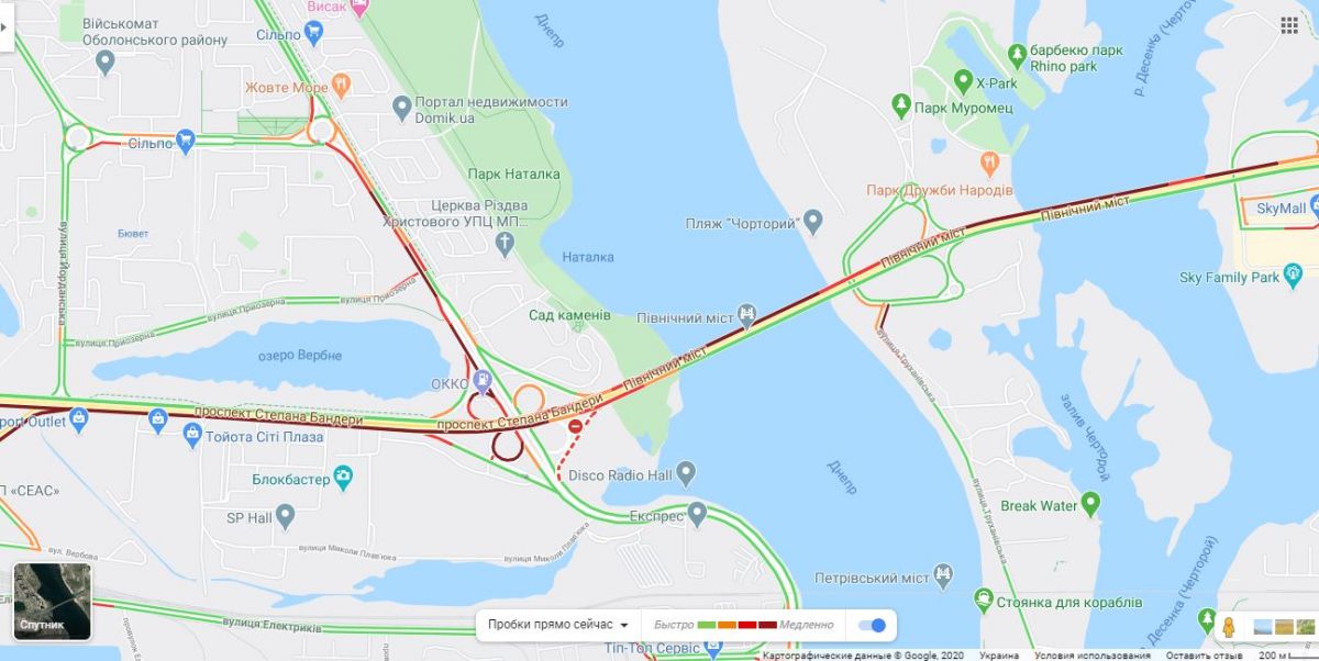 Пробки на Северном мосту. Карта: Google Maps