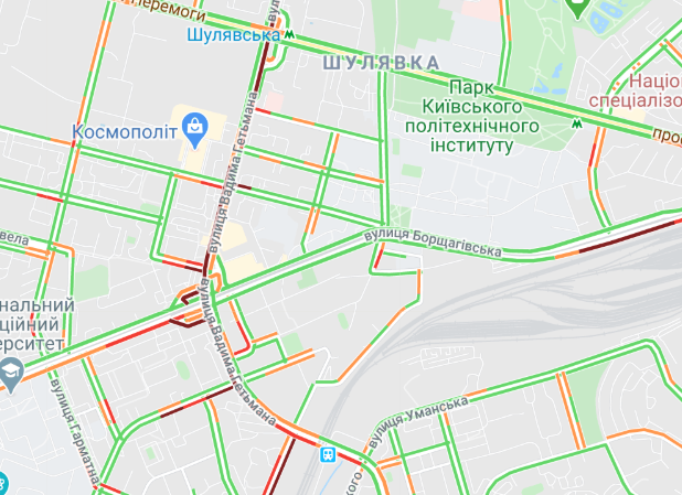 Пробки на вулиці Вадима Гетьмана. Карта: Google Maps