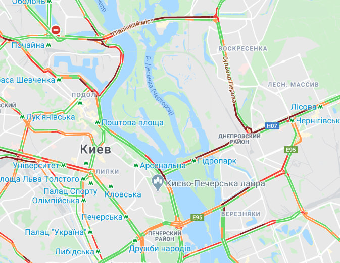 Пробки в Києві вранці 3 червня. Карта: Google Maps
