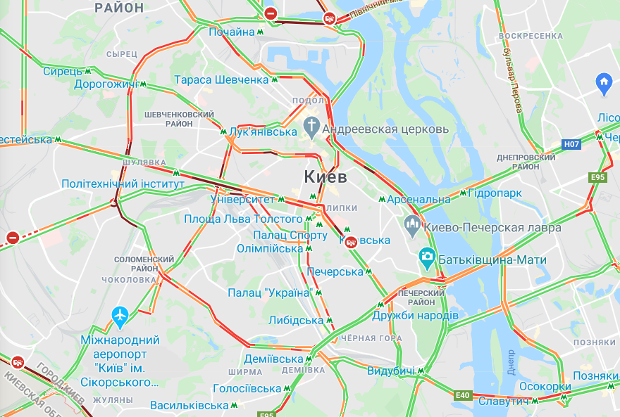 Пробки в Киеве 5 июня. Скриншот карты Google Maps.
