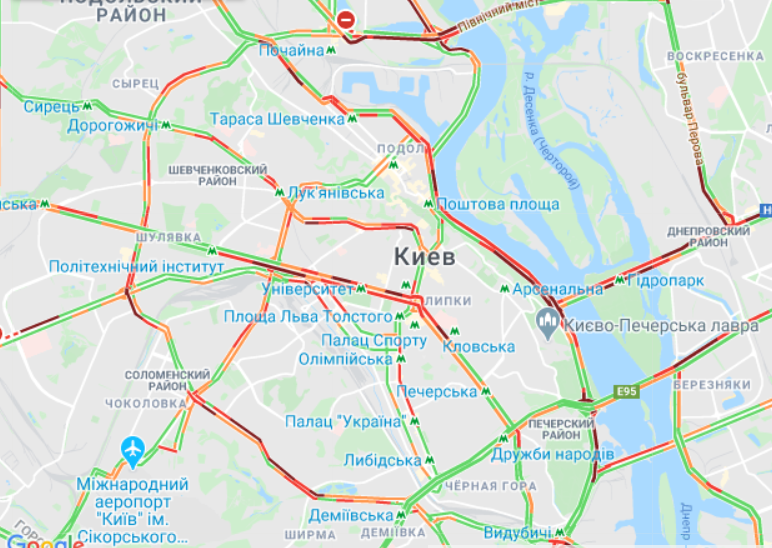 Пробки в Києві 10 червня. Карта: Google Maps