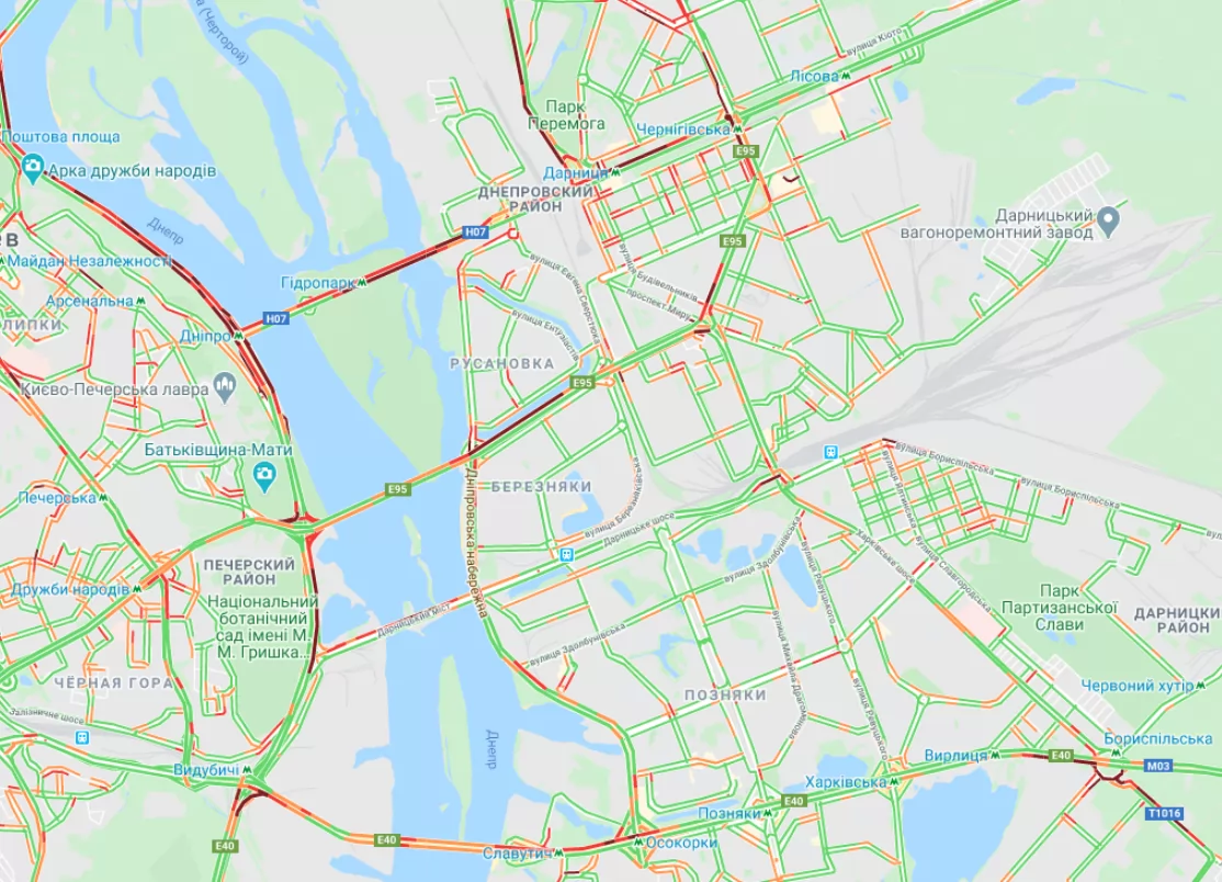 Пробки в столиці. Карта: Google Maps