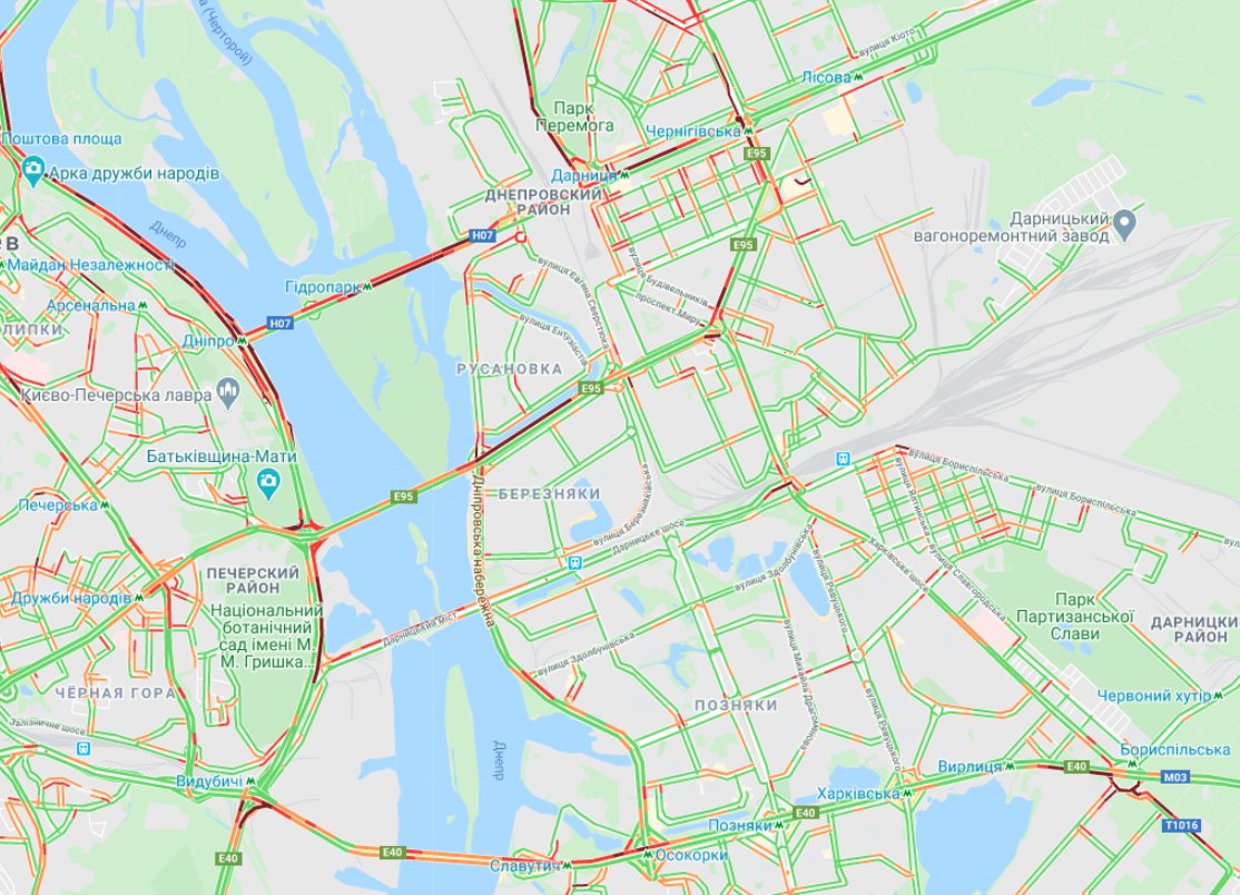 Пробки в столиці. Карта: Google Maps