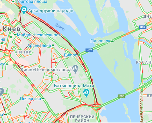 Пробки днем в Киеве 16 июня. Фото: Google Maps