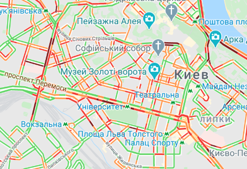 Традиционные пробки в центре Киева. Фото: Google Maps